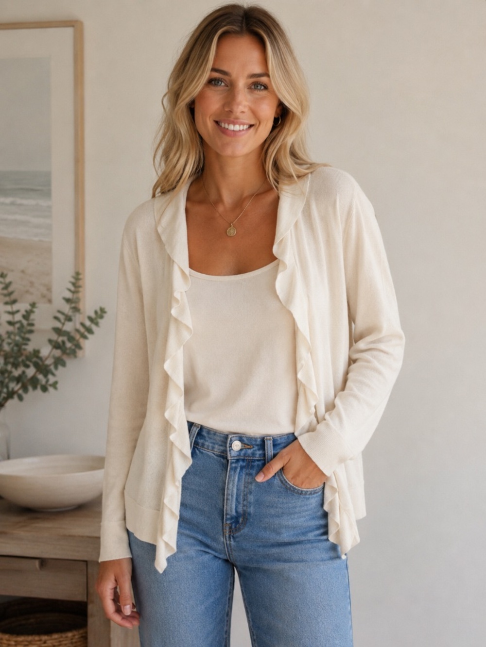 J Crew 100% Cotton open cardigan cream M ruffle capsule luxury office minimalist